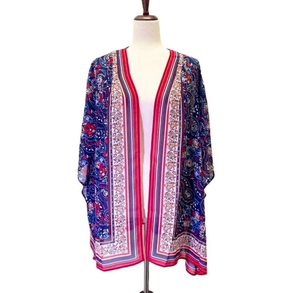 NWT Belle by Kim Gravel Navy Border Print Woven Cardigan